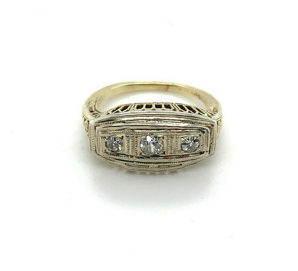 14k White Gold Filigree Genuine Natural Three Diamond Ring w/Platinum Top #J5351