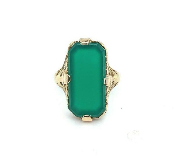 14k Yellow Gold Genuine Natural Chrysoprase Green Onyx Filigree Ring (#J5358)
