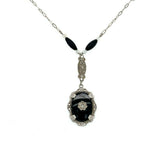 Art Deco 14k White Gold Necklace Genuine Natural Black Onyx and Diamond (#J5361)