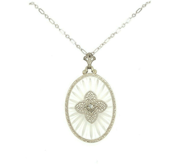 14k Gold Art Deco Genuine Natural Rock Crystal Quartz Filigree Necklace (#J5365)