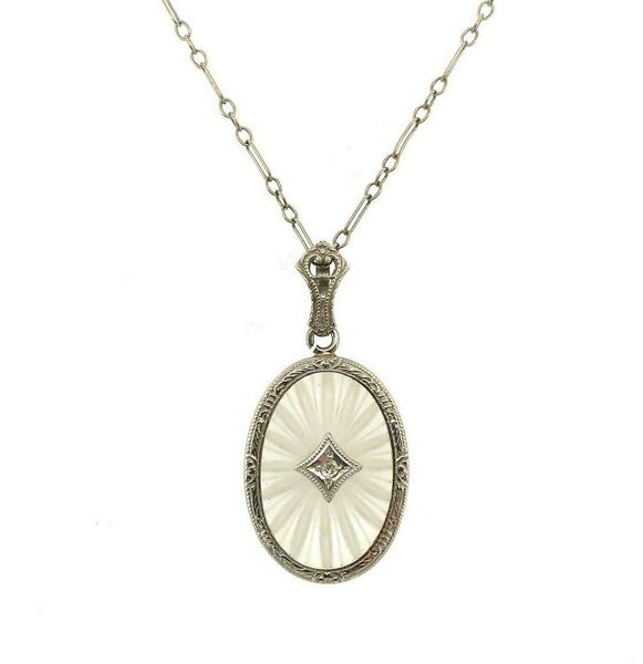 14k White Gold Genuine Natural Rock Crystal Quartz and Diamond Necklace (#J5366)