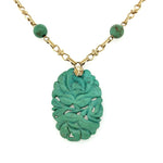 14k Yellow Gold Art Deco Carved Genuine Natural Turquoise Necklace (#J5372)