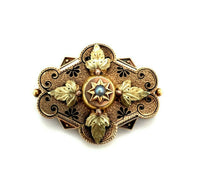 14k Yellow Rose Gold Victorian Pearl Pin with Applied Gold Leaves (#J5381)