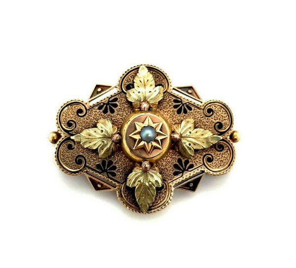 14k Yellow Rose Gold Victorian Pearl Pin with Applied Gold Leaves (#J5381)