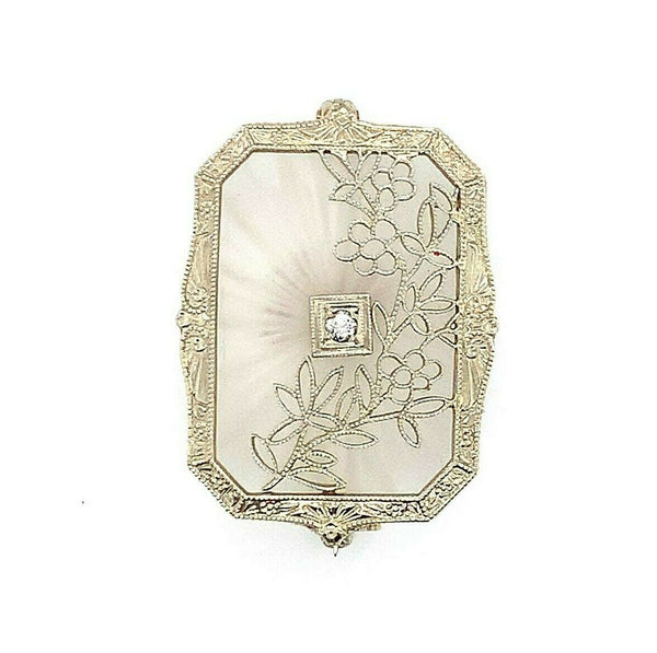 14k Gold Genuine Natural Rock Crystal Quartz and Diamond Filigree Pendant #J5406