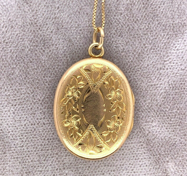10k Yellow Gold Vintage Locket Engraved with Flowers (#J5408)