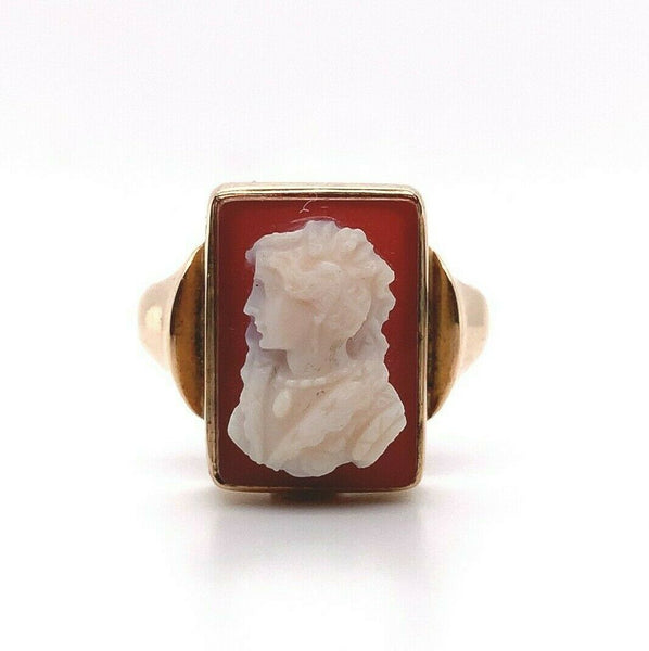 10k Yellow Gold Victorian Genuine Natural Agate Stone Cameo Ring (#J5411)