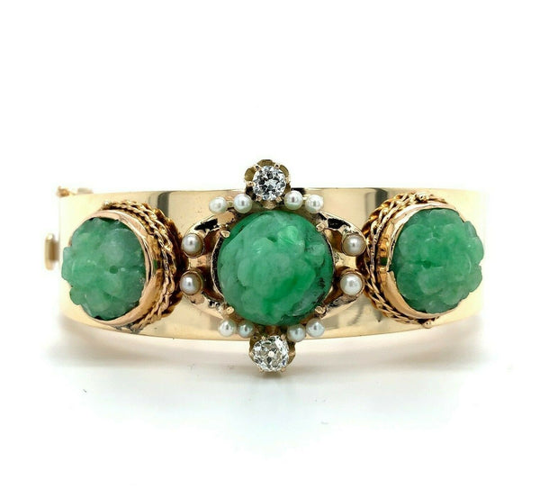 14k Yellow Gold Wide Heavy Gold Bangle Bracelet with Jade (#J5426)