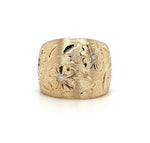 14k Yellow Gold Wide Heavy Diamond Band Ring Engraved Flowers (#J5439)