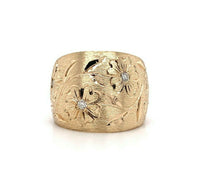 14k Yellow Gold Wide Heavy Diamond Band Ring Engraved Flowers (#J5439)