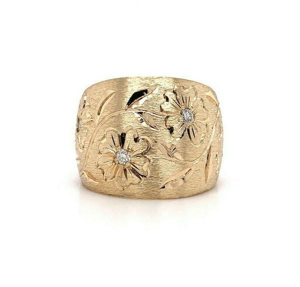 14k Yellow Gold Wide Heavy Diamond Band Ring Engraved Flowers (#J5439)