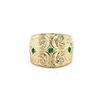 14k Yellow Gold Wide Heavy Emerald and Diamond Band Ring (#J5440)