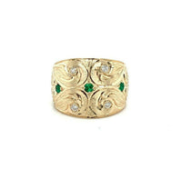14k Yellow Gold Wide Heavy Emerald and Diamond Band Ring (#J5440)