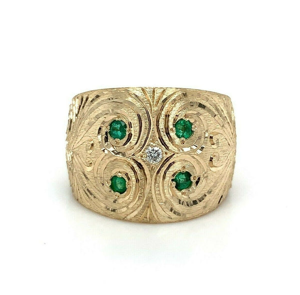 14k Yellow Gold Heavy Emerald and Diamond Cigar Band Ring (#J5441)