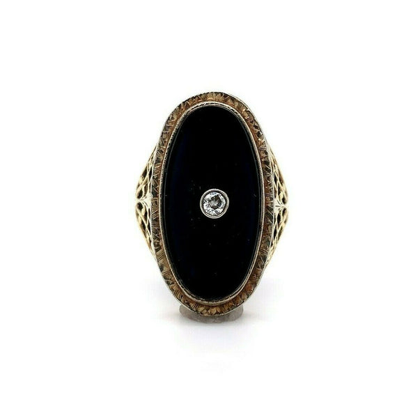 14k Yellow Gold Filigree Genuine Natural Black Onyx Ring (#J5446)
