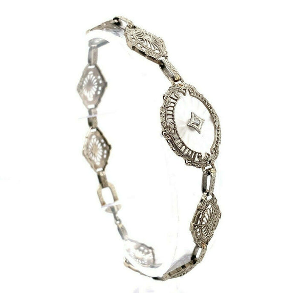 10k Gold Art Deco Genuine Natural Diamond Rock Crystal Filigree Bracelet #J5454
