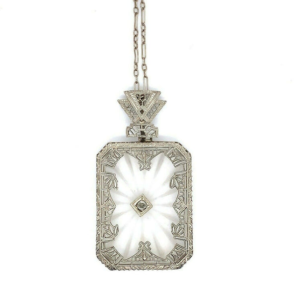 14k Gold Genuine Natural Rock Crystal Quartz Diamond Filigree Necklace (#J5455)