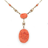 Art Deco Yellow Gold 14k Carved Genuine Natural Coral Necklace (#J5457)
