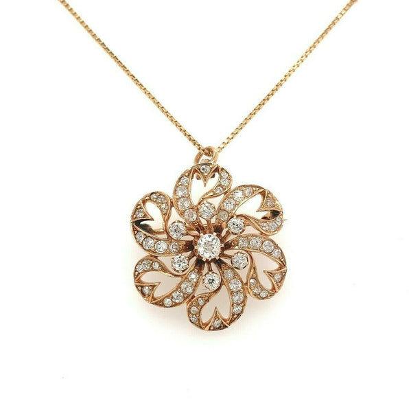 14k Gold 1.5 Carat Mine Cut Genuine Natural Diamond Rosette Pin Pendant (#J5458)