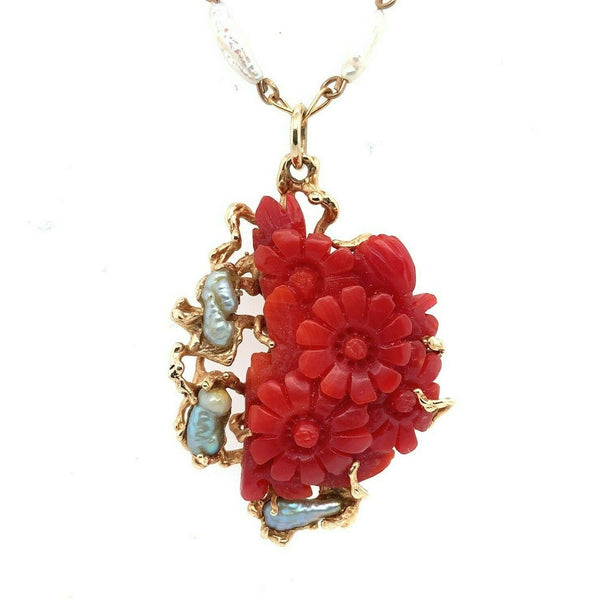 14k Yellow Gold Carved Coral and Pearl Pendant Flowers (#J5459)