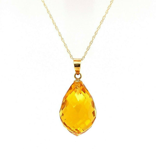 14k Yellow Gold Briolette Genuine Natural Citrine Pendant on Chain (#J5463)
