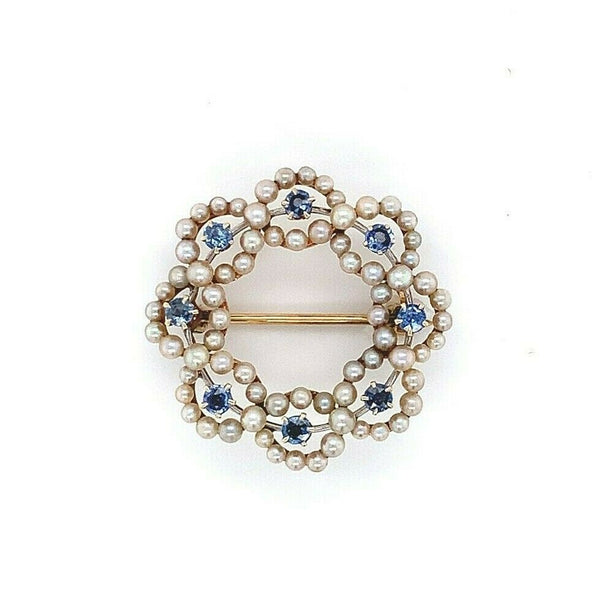 14k Yellow Gold Antique Montana Sapphire and Pearl Circle Pin (#J5468)