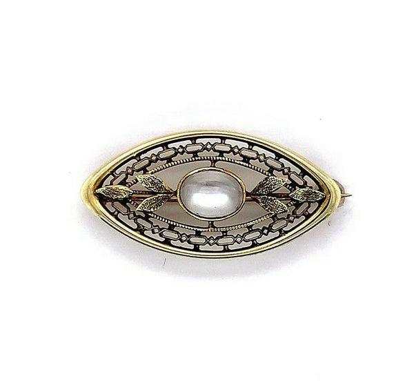 14k Yellow Gold Victorian Genuine Natura Moonstone Pin w/Applied Leaves (#J5472)