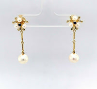 14k Yellow Gold Pearl and Sapphire Drop Earrings (#J5487)