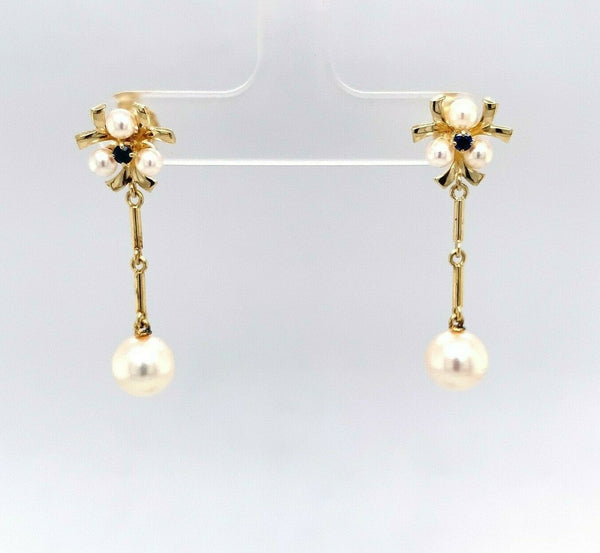 14k Yellow Gold Pearl and Sapphire Drop Earrings (#J5487)