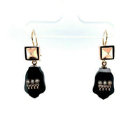 14k Rose Gold Victorian Black Onyx and Pearl Drop Earrings (#J5493)