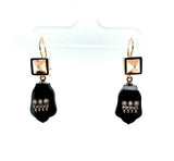14k Rose Gold Victorian Black Onyx and Pearl Drop Earrings (#J5493)