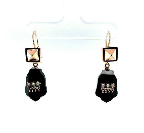 14k Rose Gold Victorian Black Onyx and Pearl Drop Earrings (#J5493)