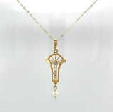 10k Yellow Gold Victorian Diamond and Pearl Lavaliere Pendant (#J5498)