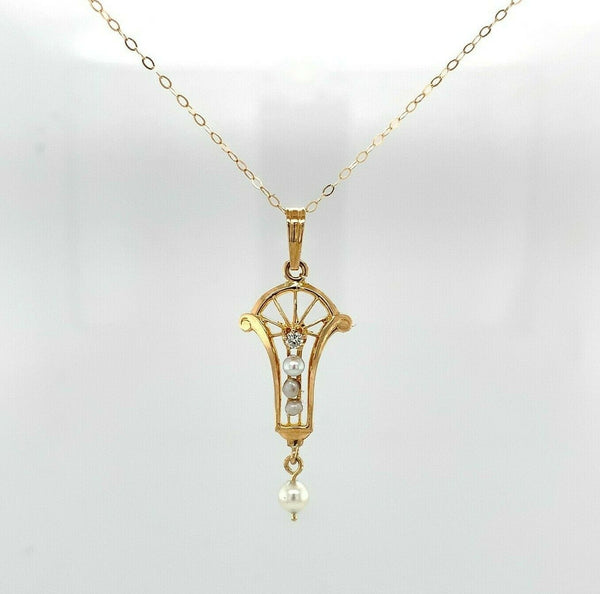 10k Yellow Gold Victorian Diamond and Pearl Lavaliere Pendant (#J5498)