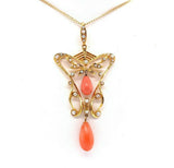 14k Yellow Gold Coral Briolette Victorian Lavaliere Necklace (#J5501)