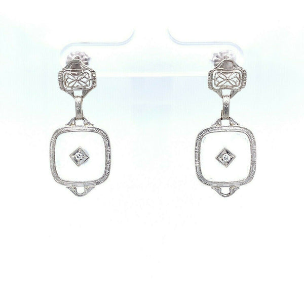 14k White Gold Art Deco Genuine Natural Rock Crystal Quartz Earrings (#J5504)