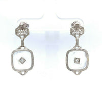 14k Gold Art Deco Filigree Genuine Natural Rock Crystal Quartz Earrings (#J5505)