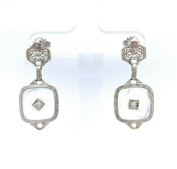 14k Gold Art Deco Filigree Genuine Natural Rock Crystal Quartz Earrings (#J5505)