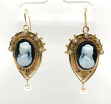 Incredible 14k Genuine Natural Black White Agate Stone Cameo Earrings (#J5511)
