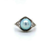 14k White Gold Art Deco 8.8mm Blue Akoya Pearl Ring (#J5518)