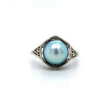 14k White Gold Art Deco 8.8mm Blue Akoya Pearl Ring (#J5518)