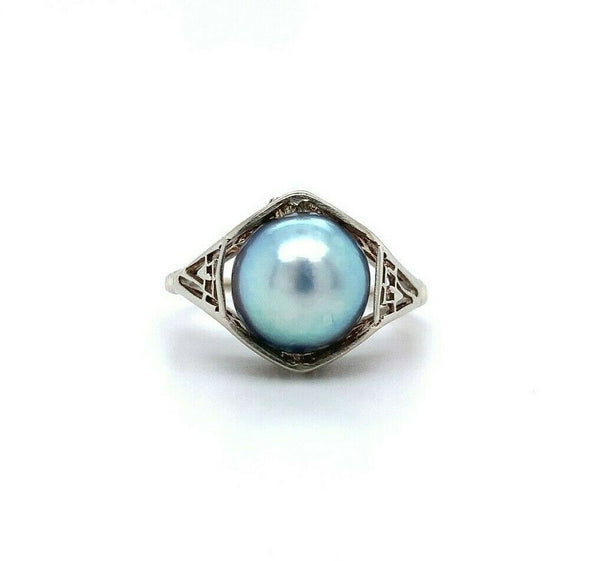 14k White Gold Art Deco 8.8mm Blue Akoya Pearl Ring (#J5518)