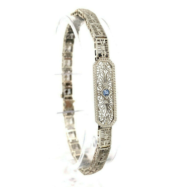 10k White Gold Art Deco Genuine Natural Sapphire Filigree Bracelet (#J5535)