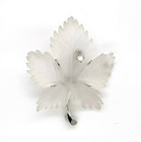 14k White Gold Carved Genuine Natural Rock Crystal Leaf Pin w/ Diamond (#J5537)
