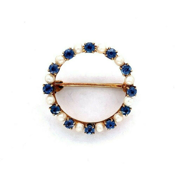 14k Yellow Gold Montana Sapphire and Pearl Round Pin (#J5538)