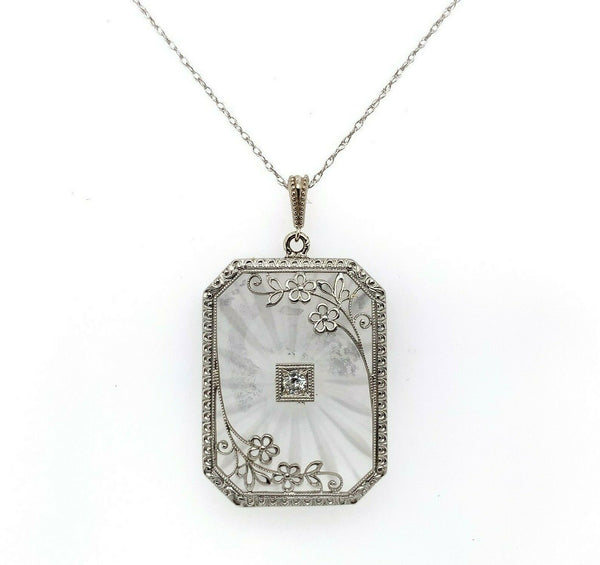 10k Gold Art Deco Genuine Natural Rock Crystal Quartz Pendant w/Flowers (#J5541)