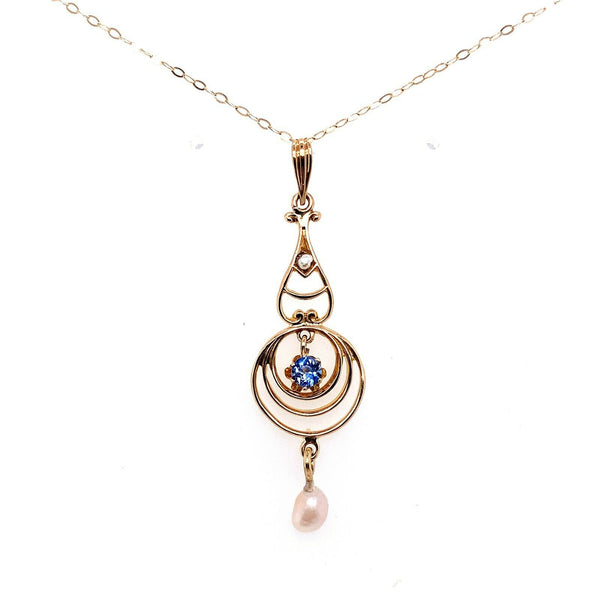 10k Yellow Gold Victorian Sapphire and Pearl Lavaliere Pendant (#J5543)