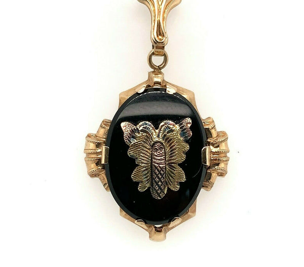 10k Genuine Natural Black Onyx Multi-Color Gold Butterfly Pendant (#J5547)