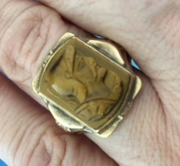 10k Yellow Gold Men's Genuine Natural Tiger's Eye Quartz Cameo Ring (#J5548)