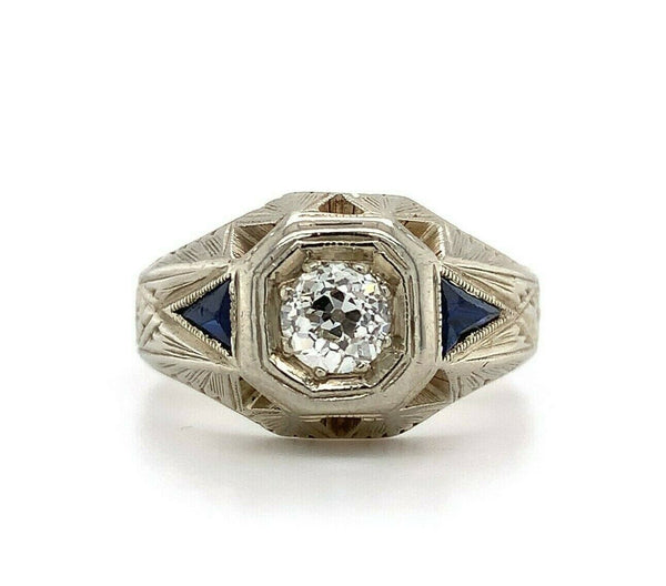 14k White Gold Art Deco .36ct Diamond Men's Ring (#J5549)